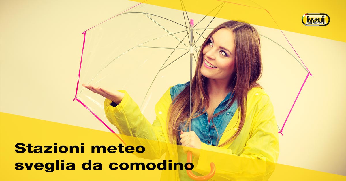 Stazioni meteo sveglia: donna con ombrello che cerca di intuire il clima